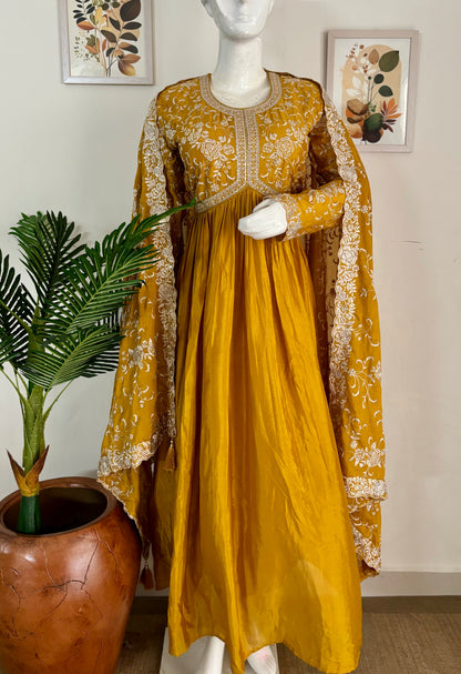 Regal Elegance: Golden Mustard Pure Silk Gown with Embroidered Dupatta