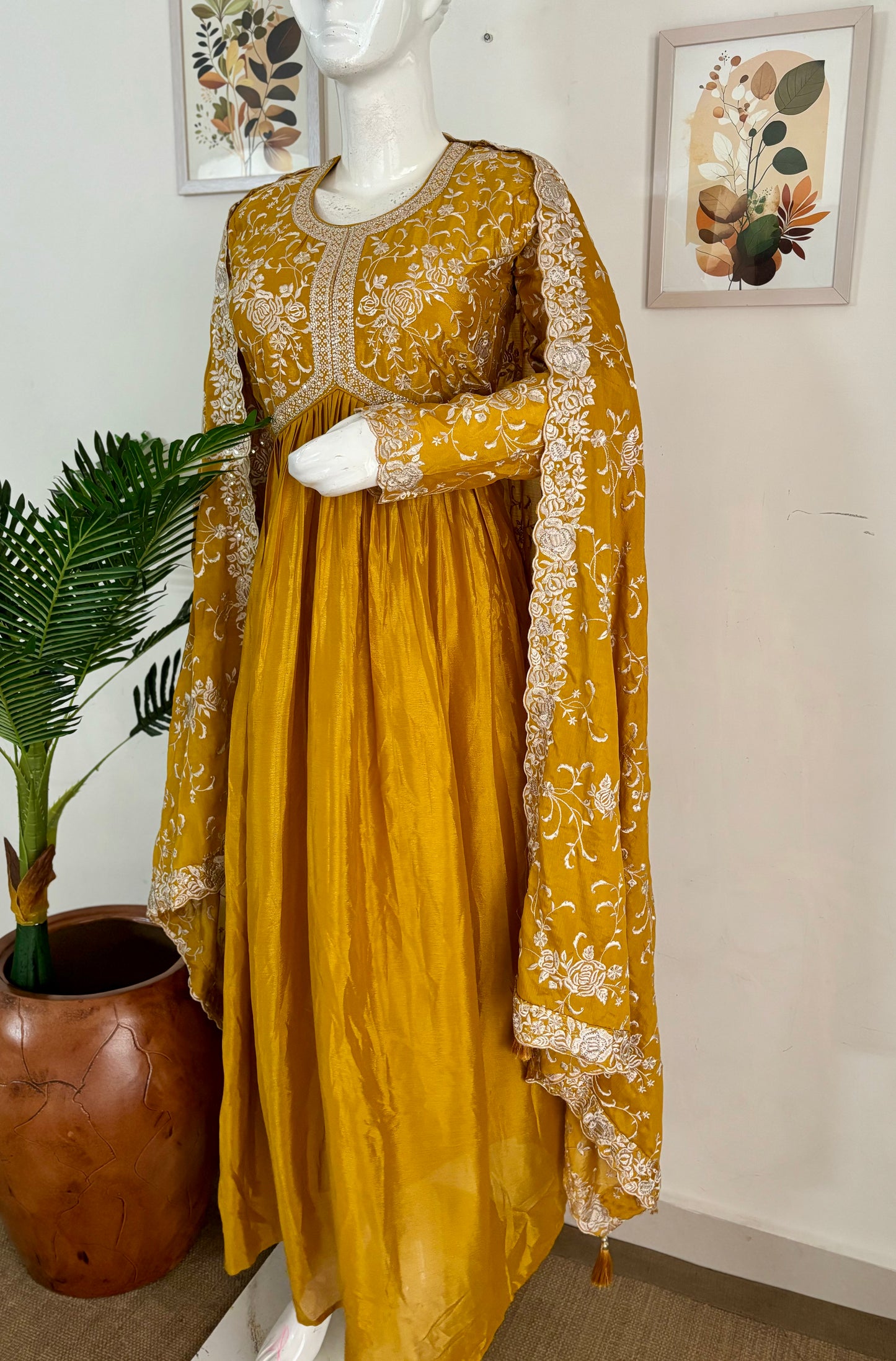 Regal Elegance: Golden Mustard Pure Silk Gown with Embroidered Dupatta