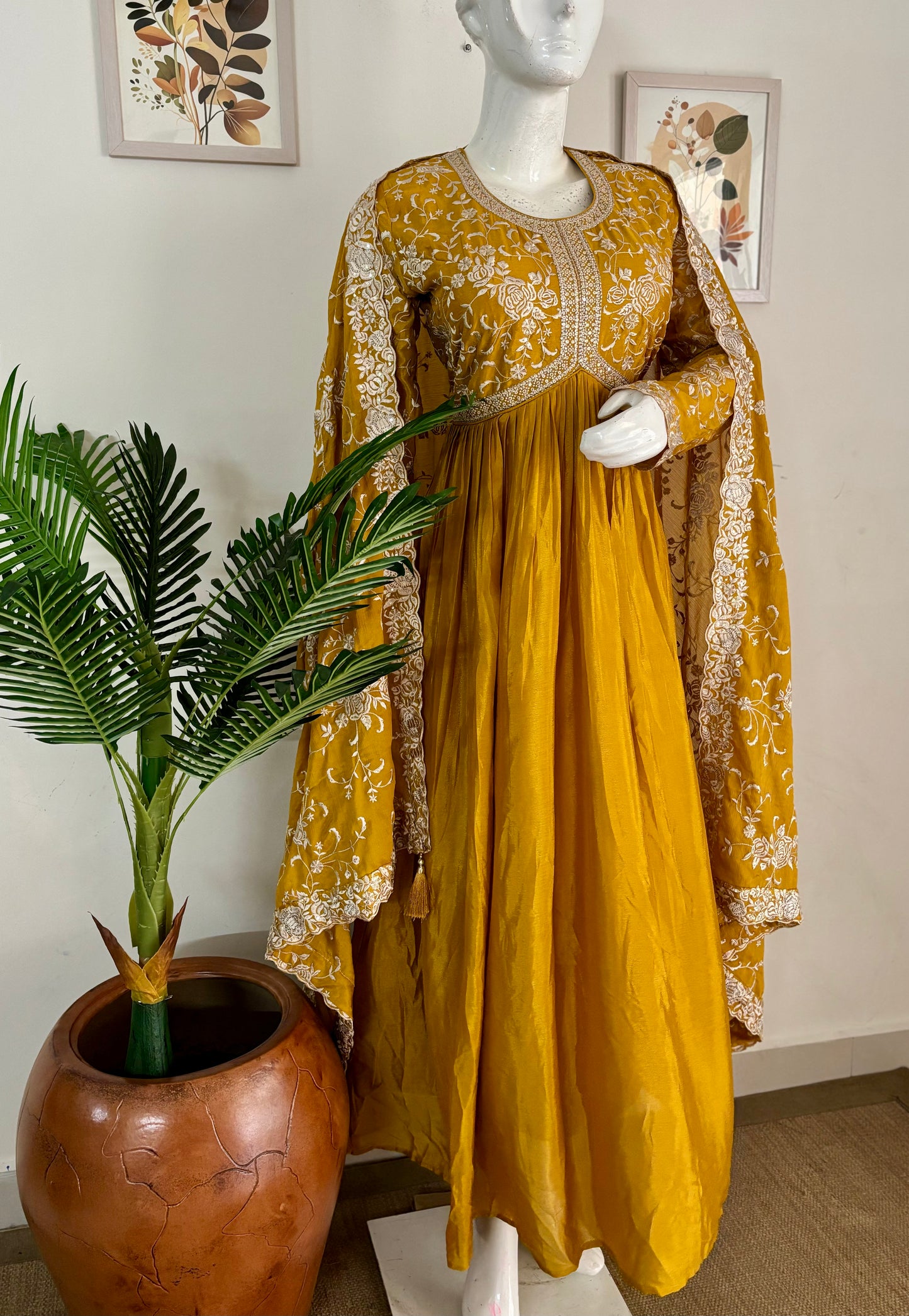 Regal Elegance: Golden Mustard Pure Silk Gown with Embroidered Dupatta