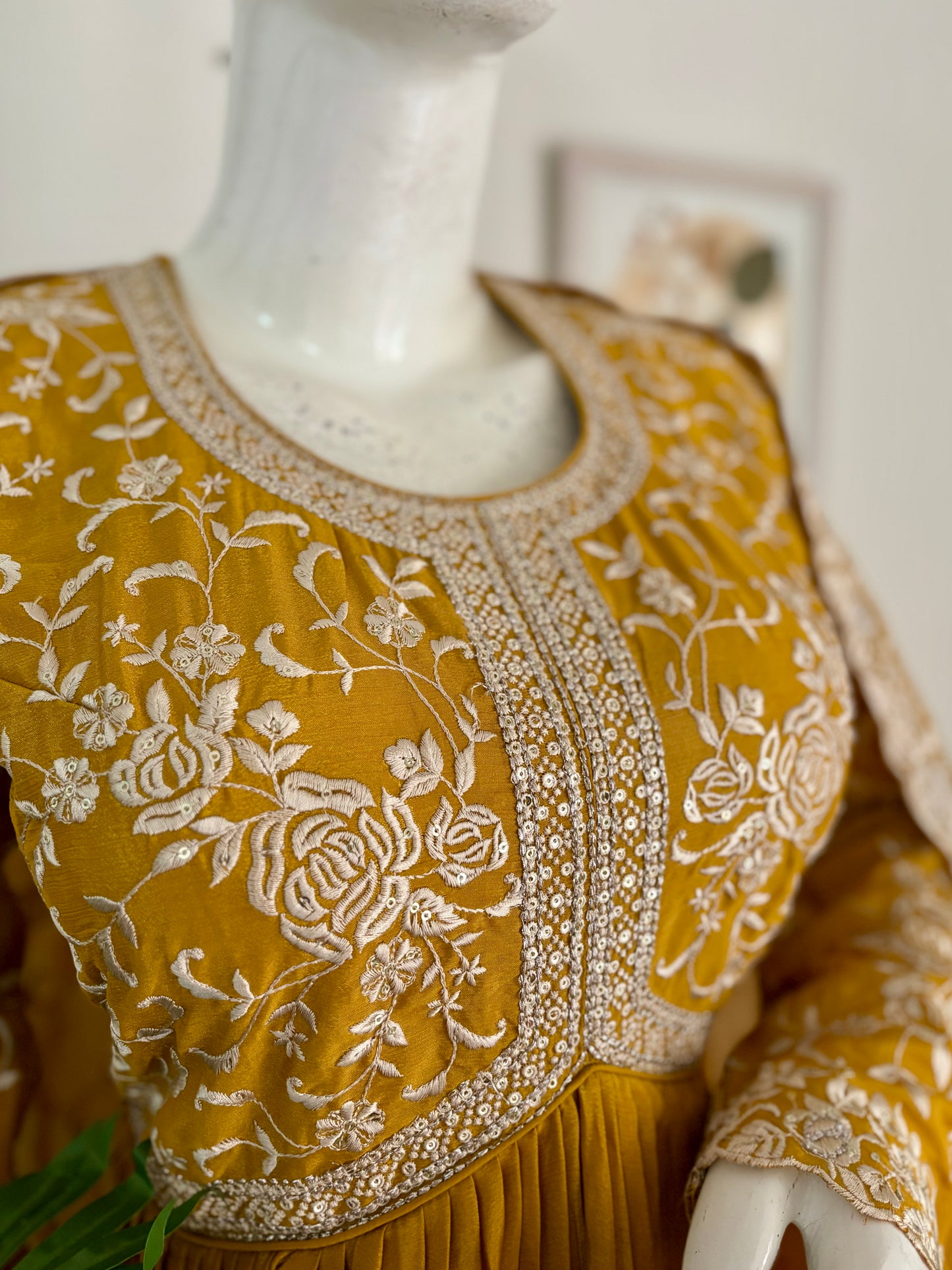 Regal Elegance: Golden Mustard Pure Silk Gown with Embroidered Dupatta