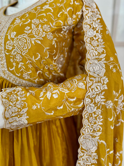 Regal Elegance: Golden Mustard Pure Silk Gown with Embroidered Dupatta