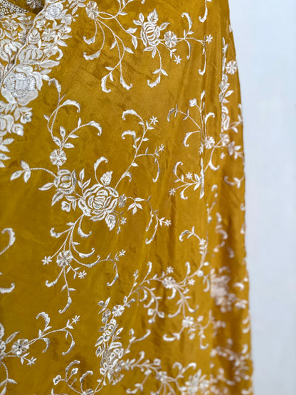 Regal Elegance: Golden Mustard Pure Silk Gown with Embroidered Dupatta