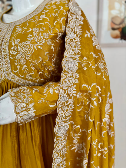 Regal Elegance: Golden Mustard Pure Silk Gown with Embroidered Dupatta