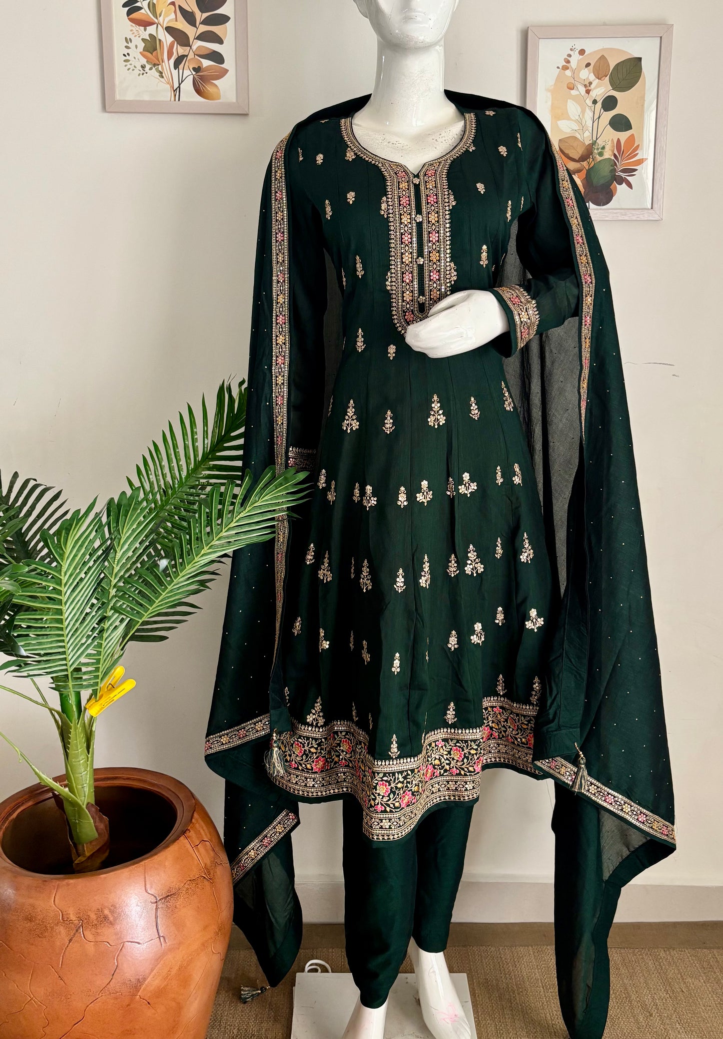 Enchanting Elegance: Bottle Green Anarkali Suit