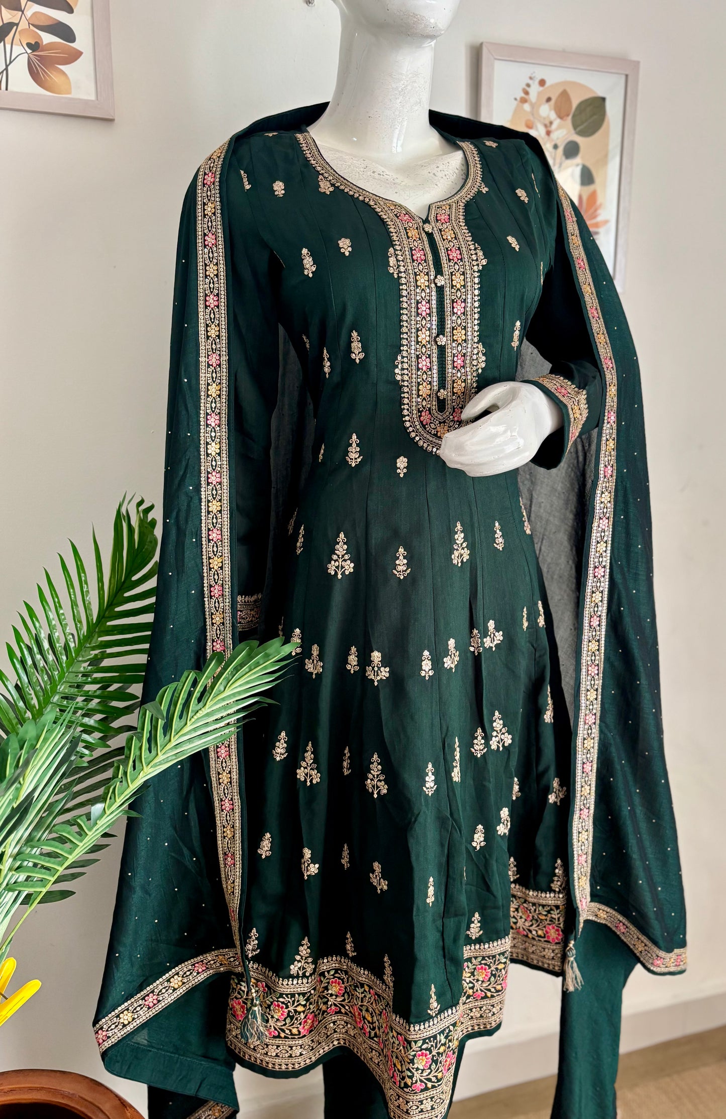 Enchanting Elegance: Bottle Green Anarkali Suit