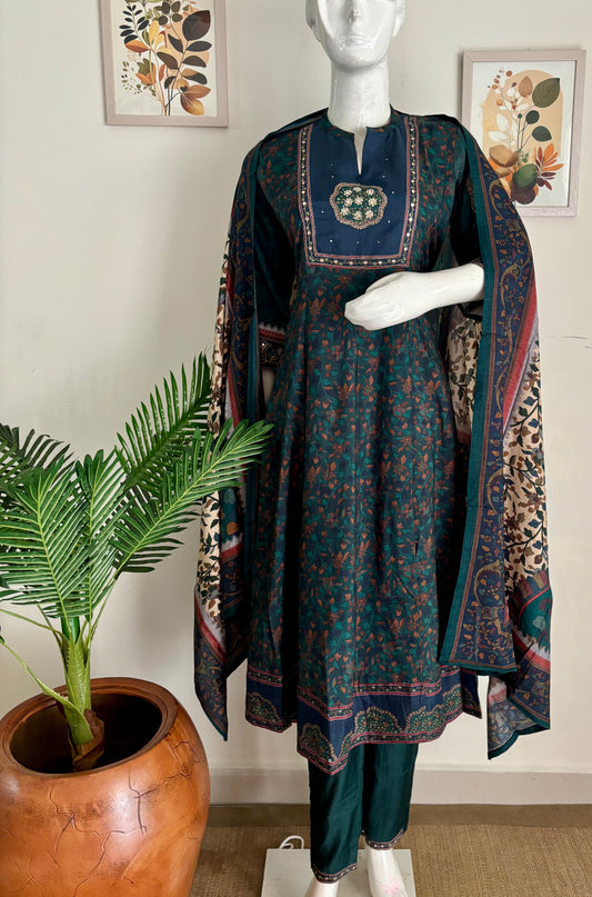 Regal Charm: Bottle Green Silk Kalamkari Anarkali Ensemble