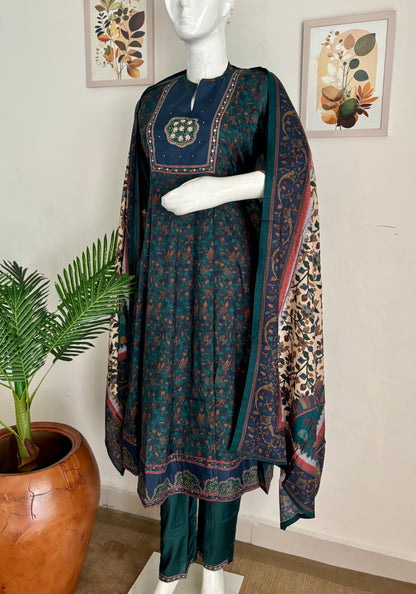 Regal Charm: Bottle Green Silk Kalamkari Anarkali Ensemble