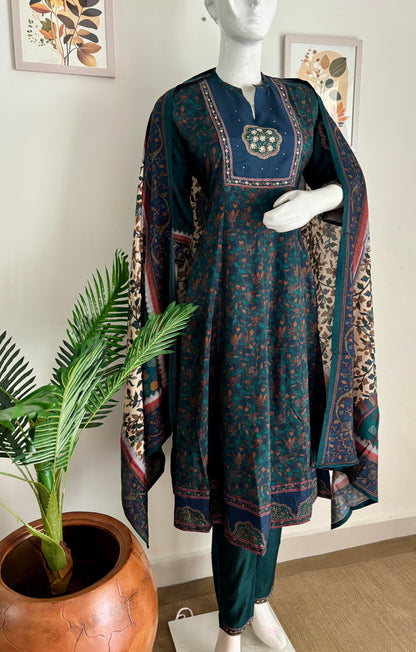 Regal Charm: Bottle Green Silk Kalamkari Anarkali Ensemble