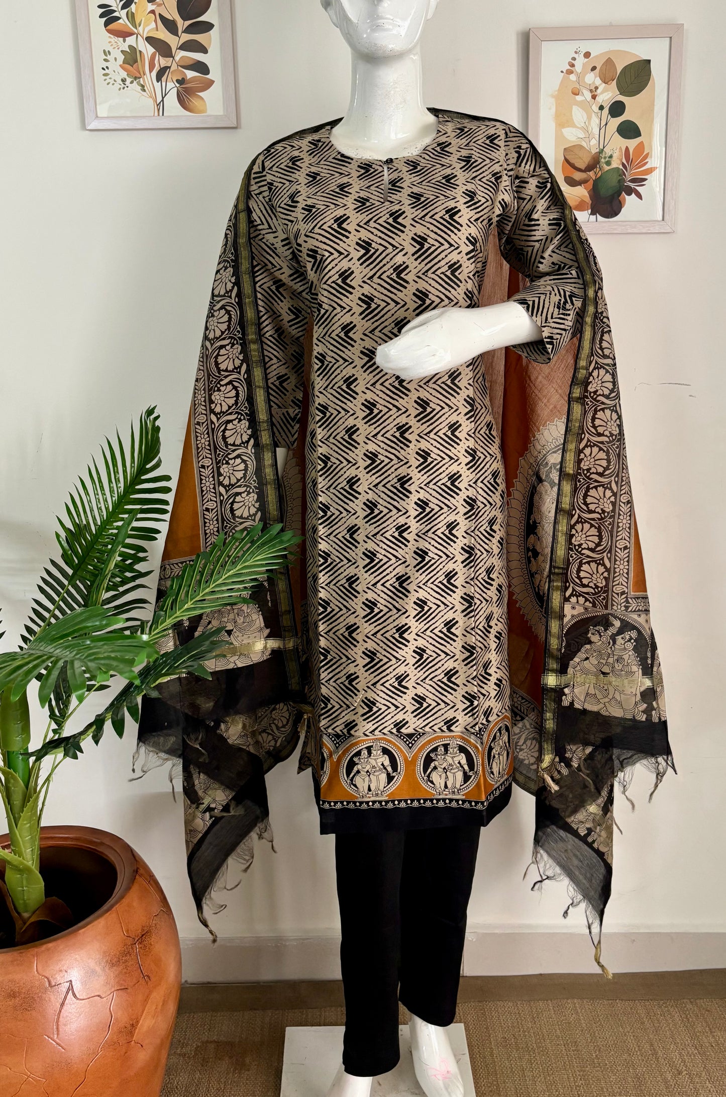 Grace: Tussar Chanderi Ensemble with Handblock Print