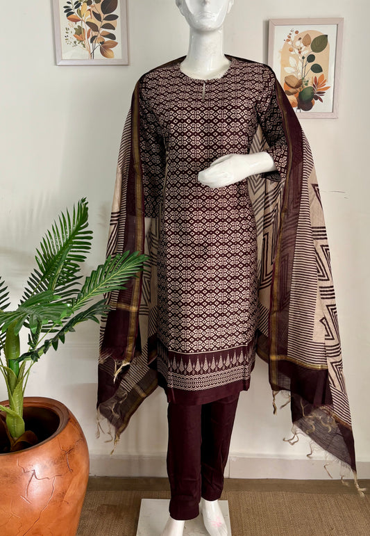 Sophisticated Charm: Burgundy and Beige Chanderi Suit with Handblock Print