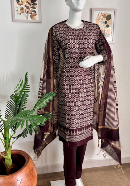 Sophisticated Charm: Burgundy and Beige Chanderi Suit with Handblock Print