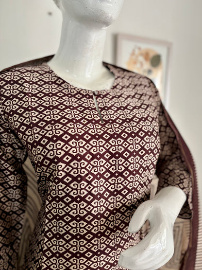 Sophisticated Charm: Burgundy and Beige Chanderi Suit with Handblock Print