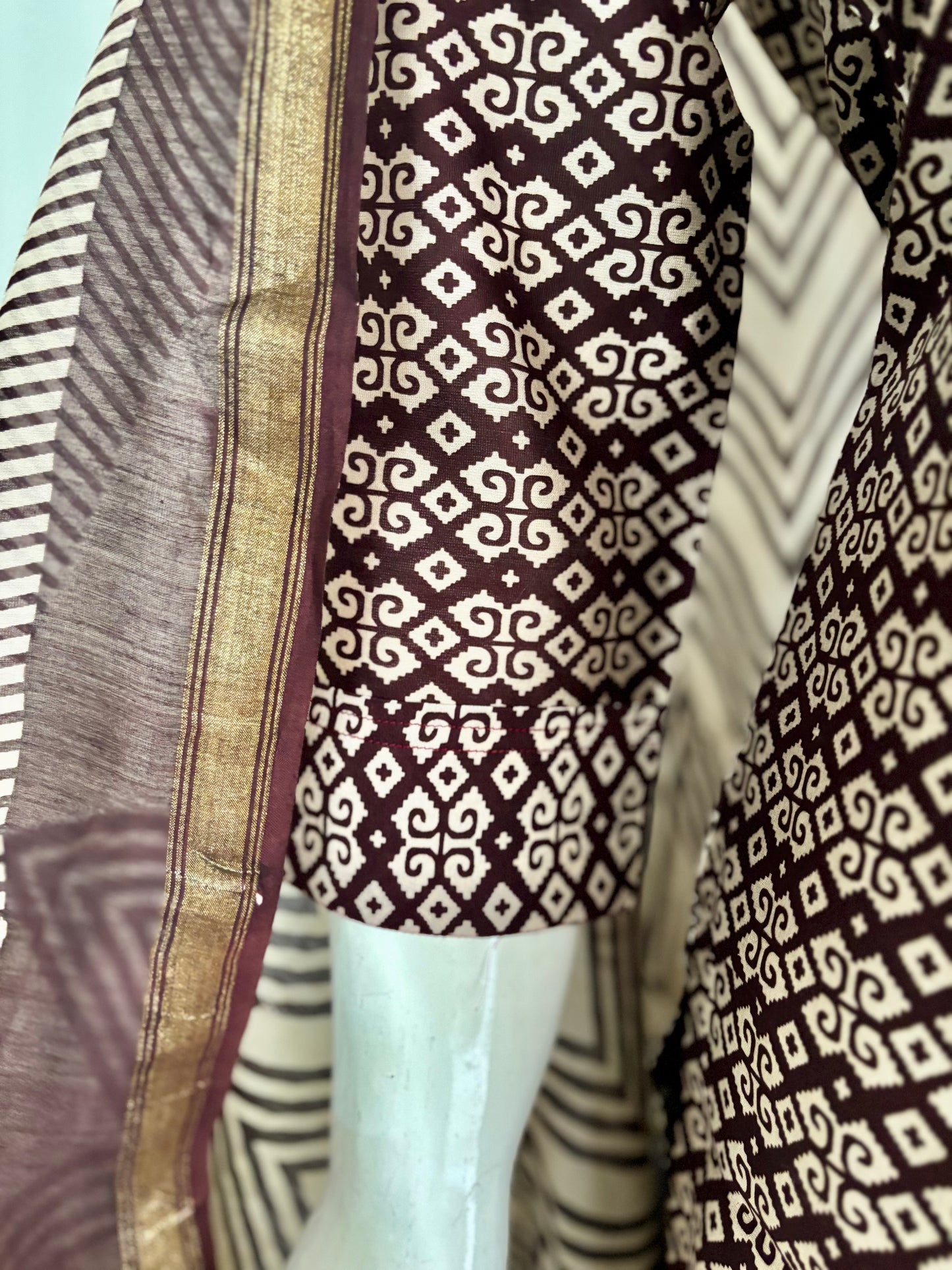 Sophisticated Charm: Burgundy and Beige Chanderi Suit with Handblock Print