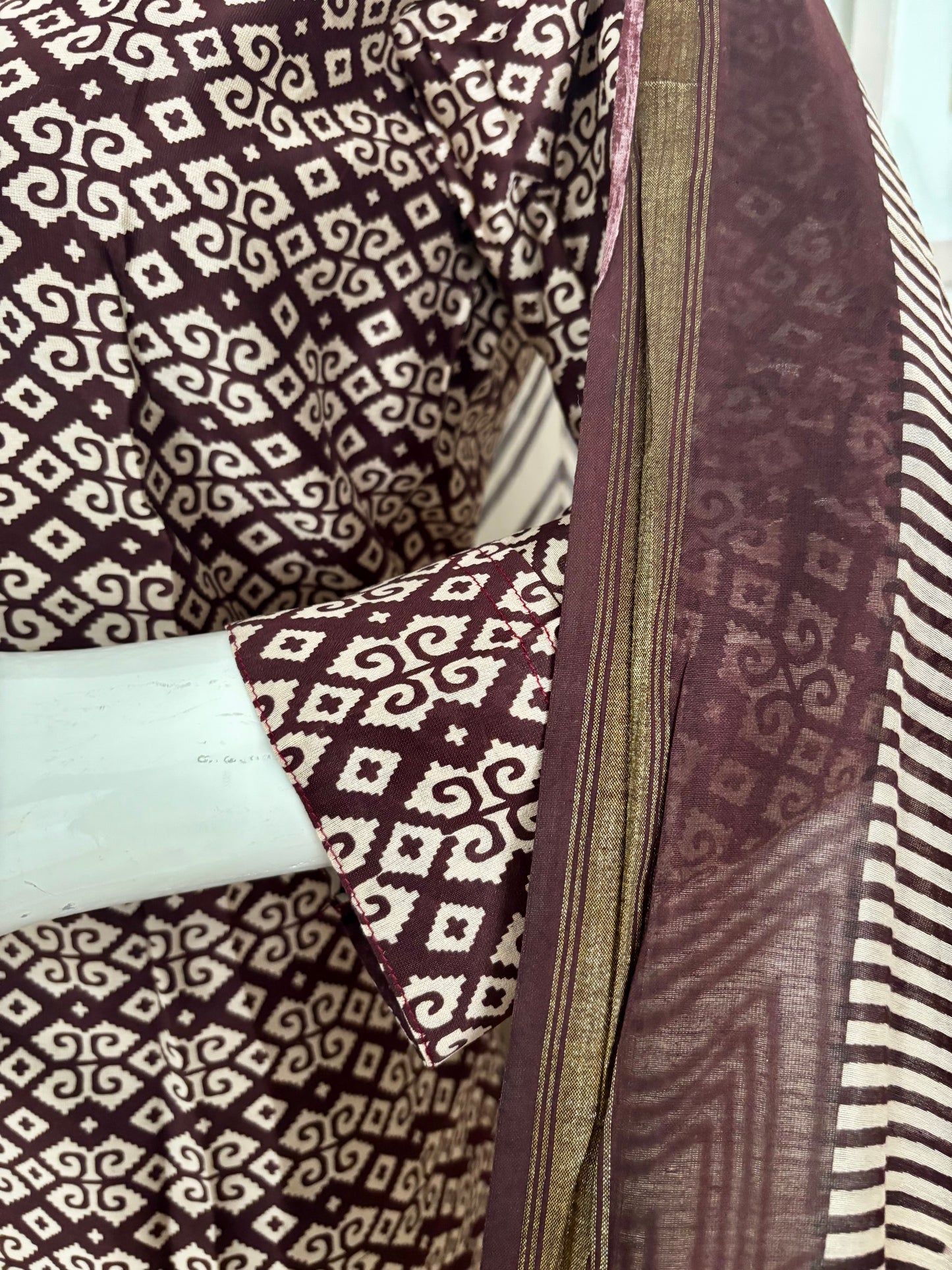 Sophisticated Charm: Burgundy and Beige Chanderi Suit with Handblock Print