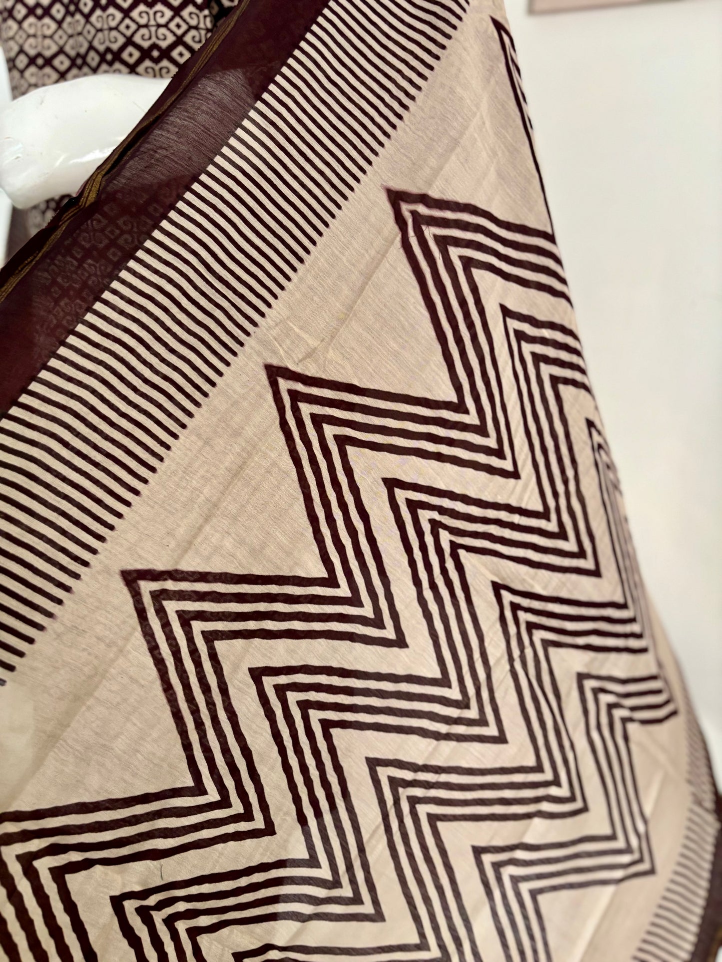 Sophisticated Charm: Burgundy and Beige Chanderi Suit with Handblock Print