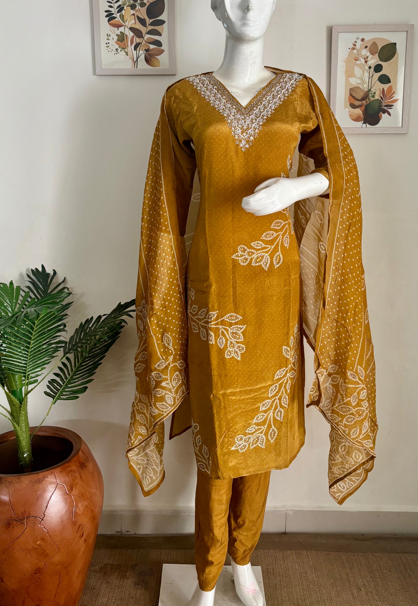Graceful Mustard Bandhani Crape Silk Suit Set