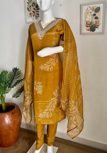 Graceful Mustard Bandhani Crape Silk Suit Set