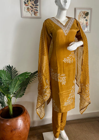 Graceful Mustard Bandhani Crape Silk Suit Set