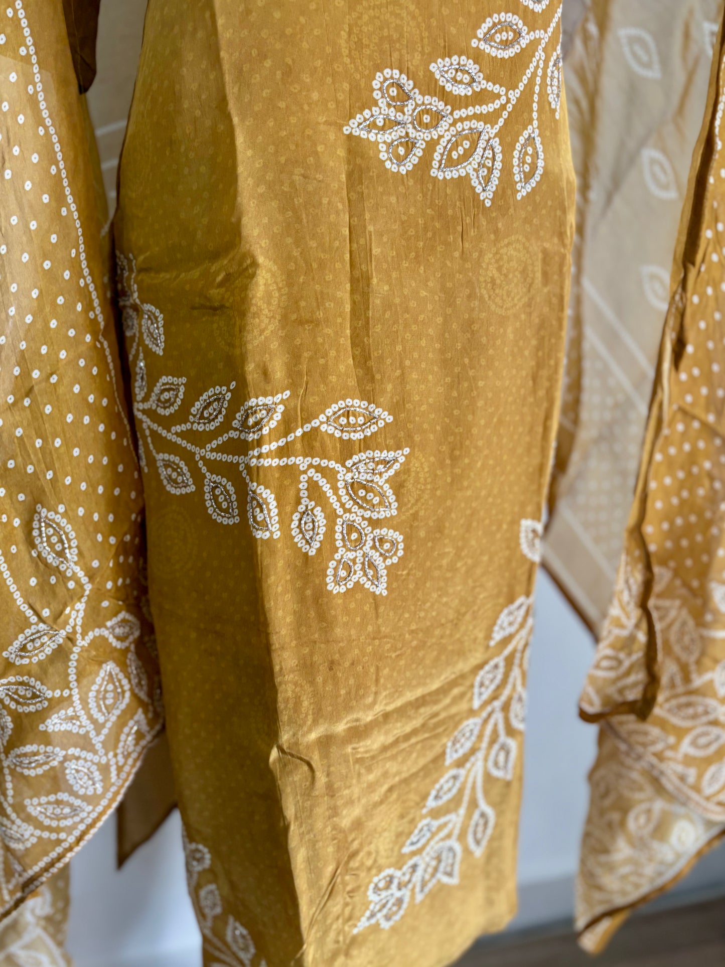 Graceful Mustard Bandhani Crape Silk Suit Set