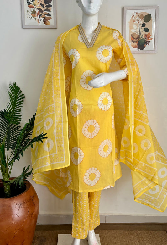 Sunflower Yellow Mul Cotton A-Line Kurta Set
