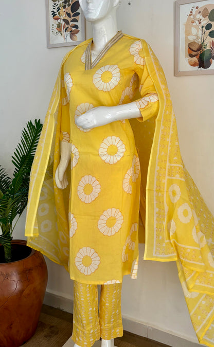 Sunflower Yellow Mul Cotton A-Line Kurta Set