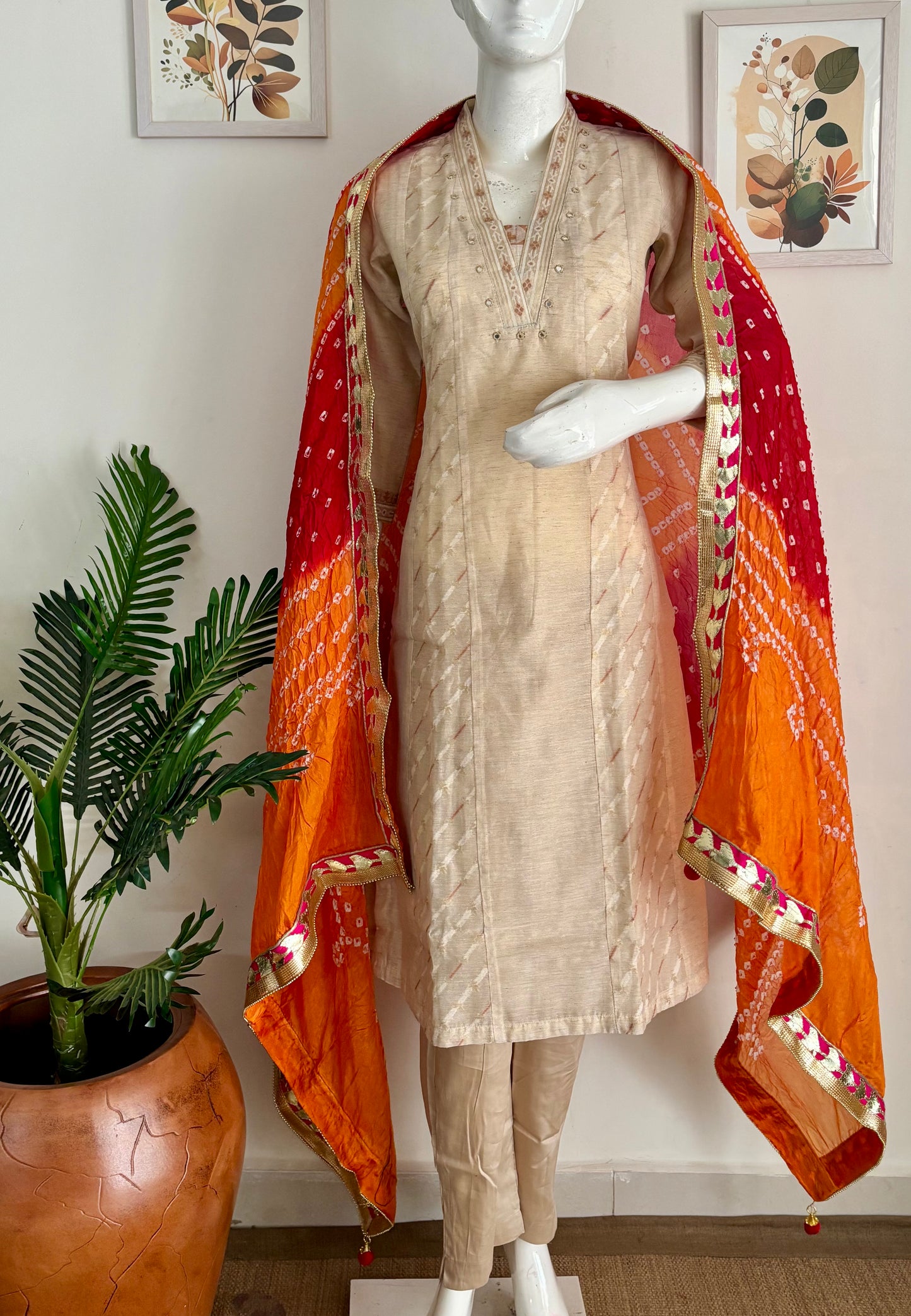 Elegant Beige Linen-Silk Jamdani Kurta Set