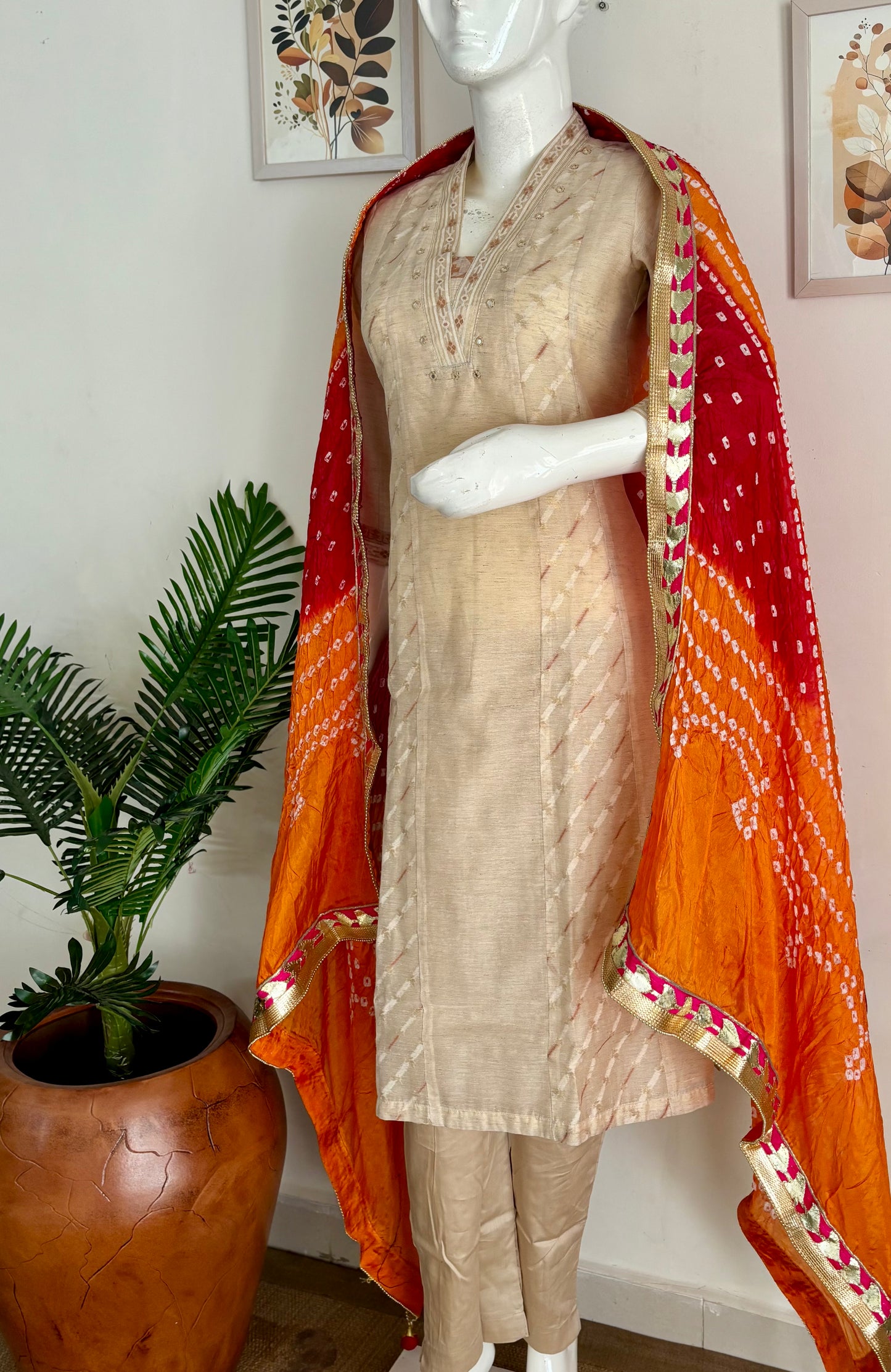Elegant Beige Linen-Silk Jamdani Kurta Set