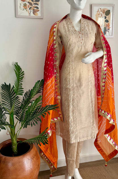 Elegant Beige Linen-Silk Jamdani Kurta Set
