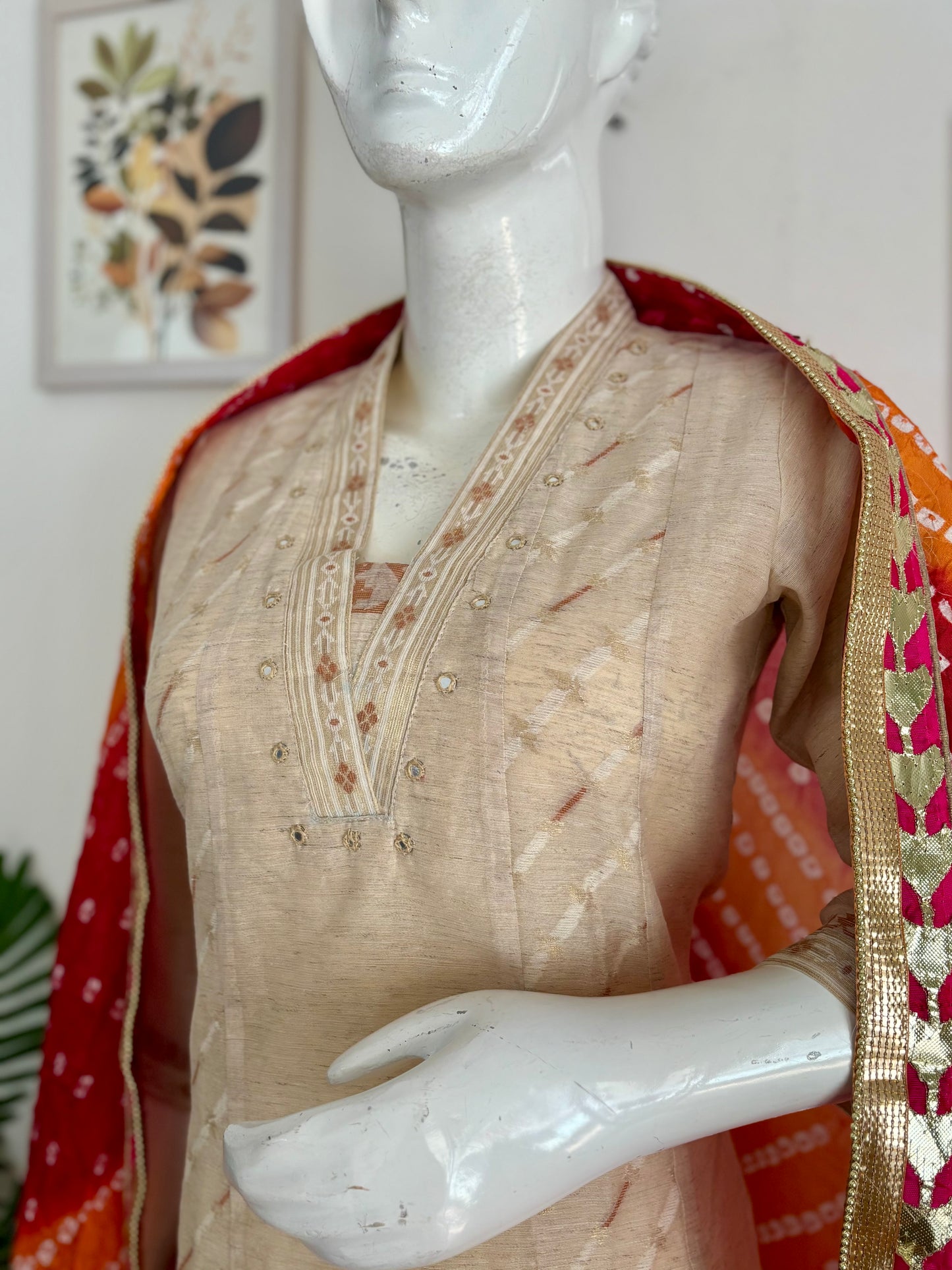 Elegant Beige Linen-Silk Jamdani Kurta Set