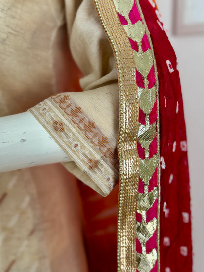 Elegant Beige Linen-Silk Jamdani Kurta Set