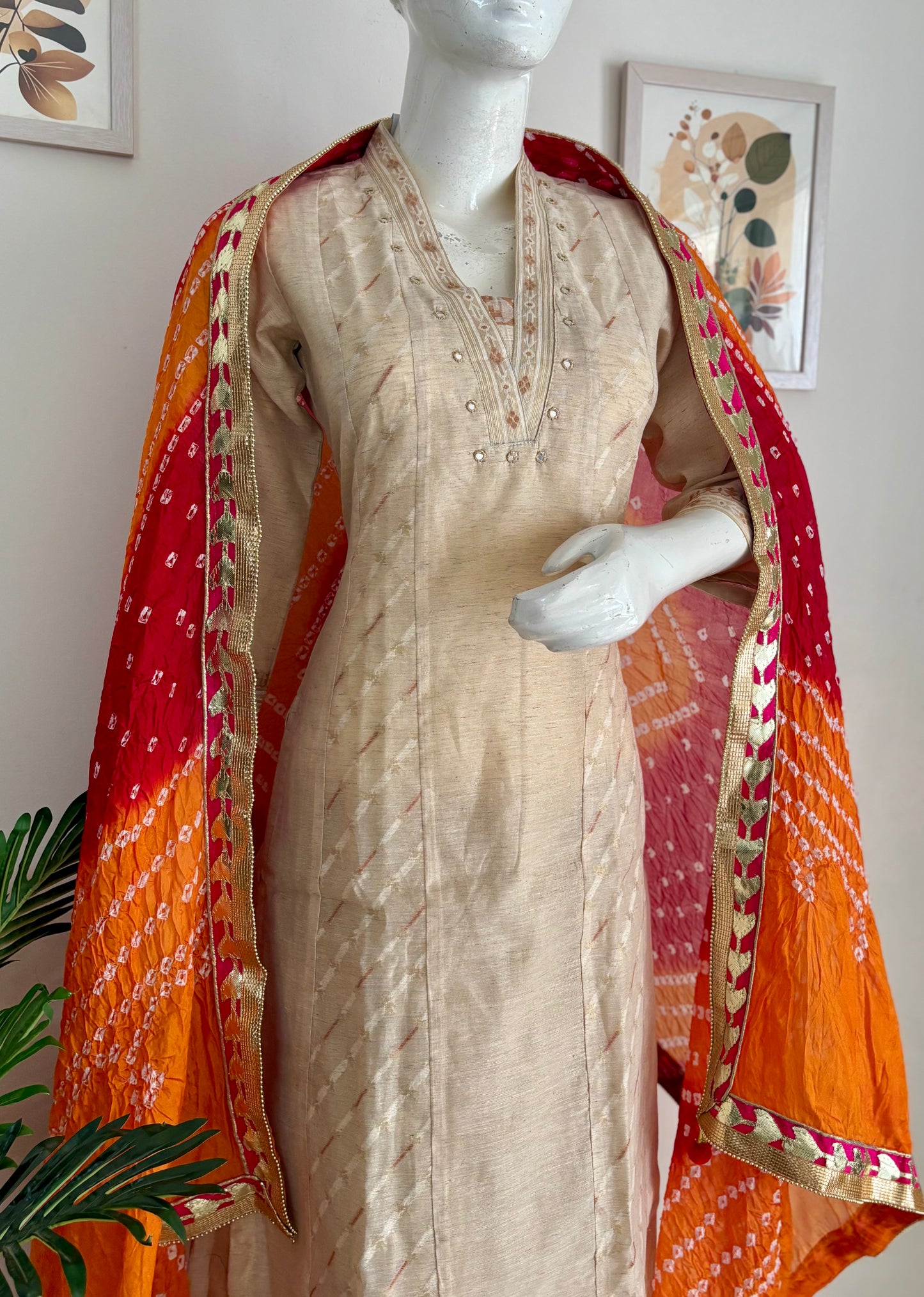 Elegant Beige Linen-Silk Jamdani Kurta Set