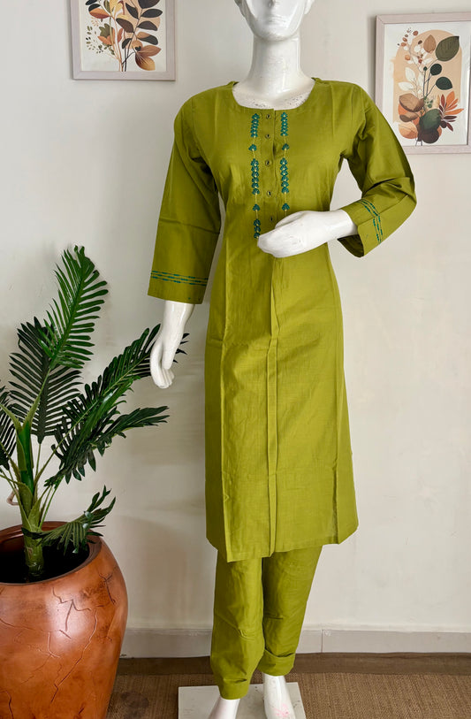 Bright Green Handloom Cotton A-Line Kurta Set