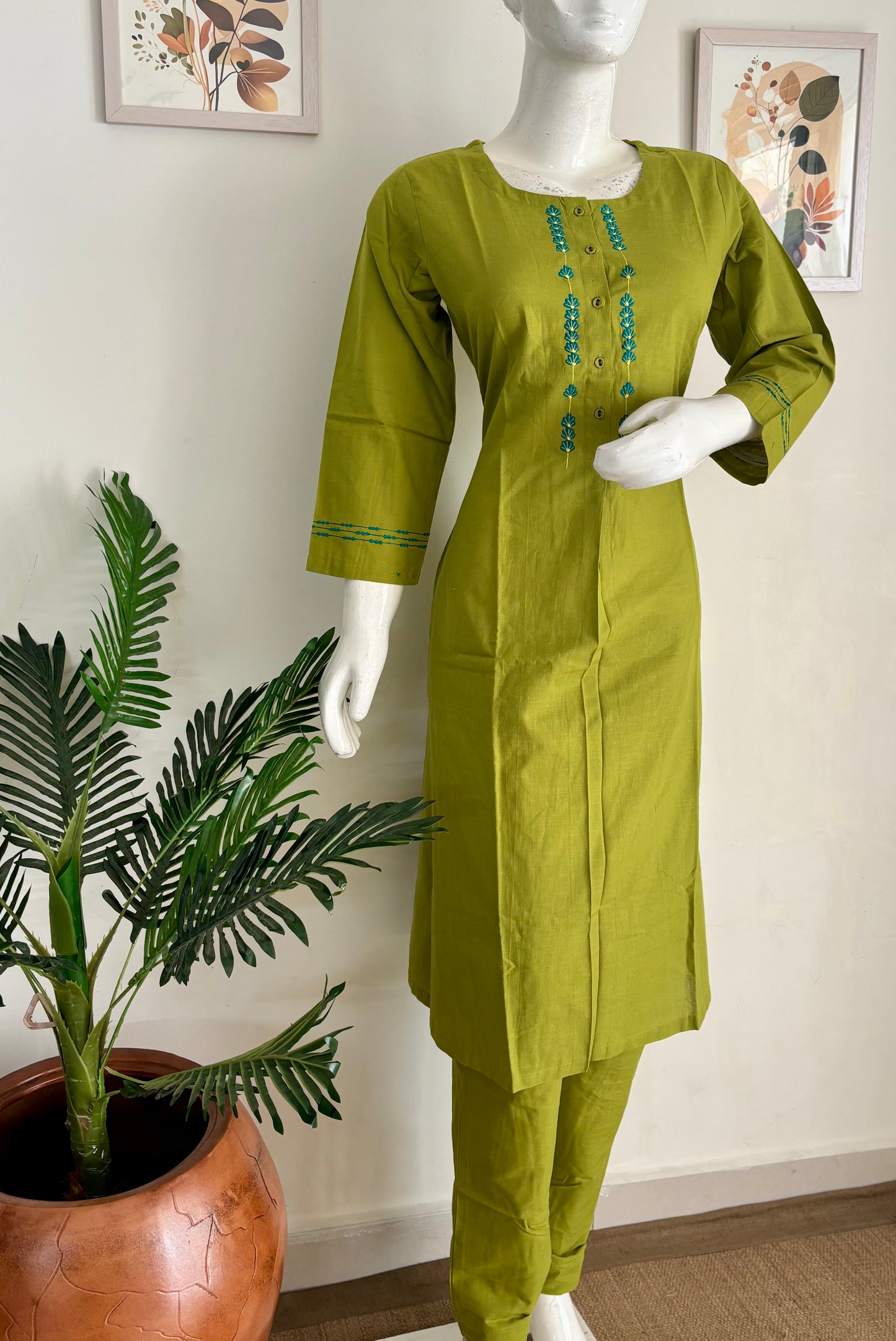 Vibrant Green Handloom Cotton A-Line Kurta Set