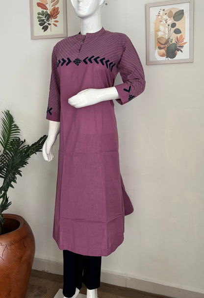 Purple Handloom Cotton Kurta with Appliqué Detailing