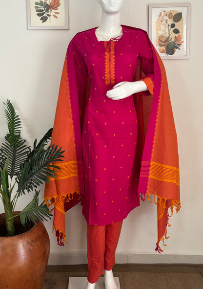 Fuchsia Pink Handloom Cotton Kurta Set