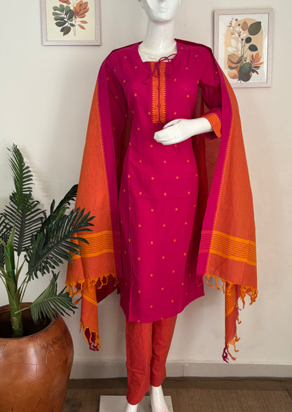 Fuchsia Pink Handloom Cotton Kurta Set