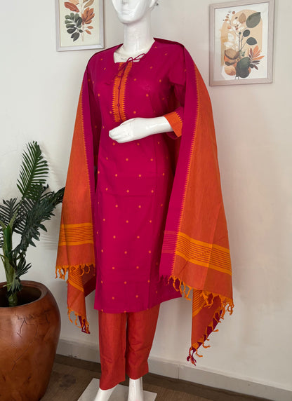 Fuchsia Pink Handloom Cotton Kurta Set
