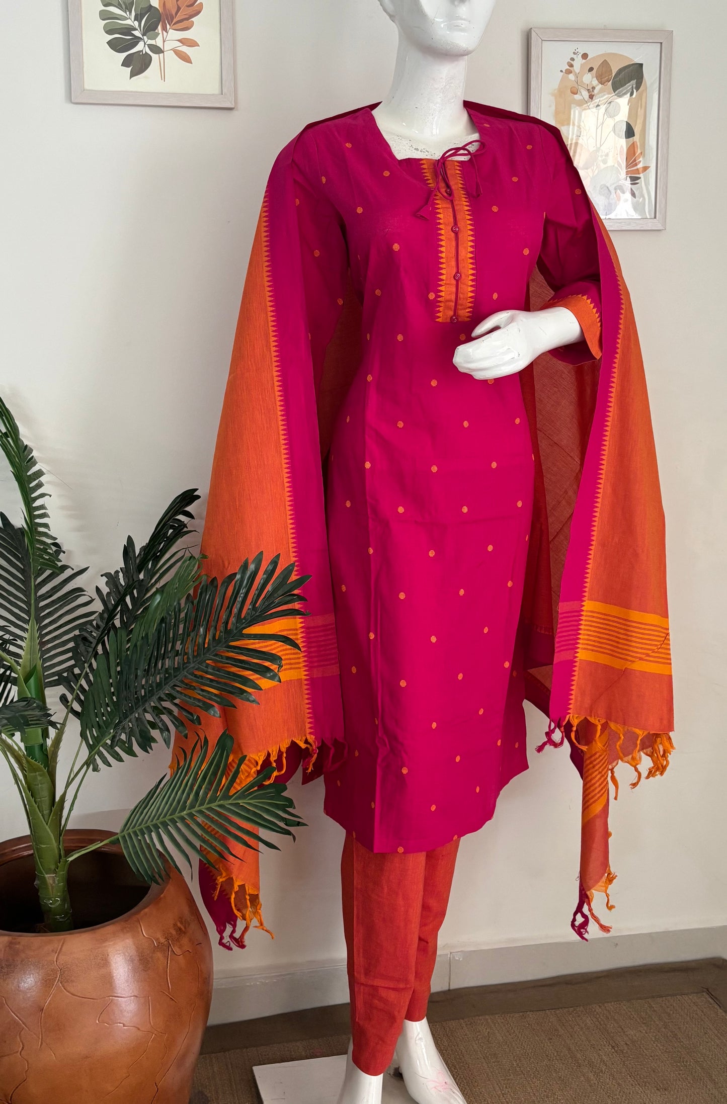 Fuchsia Pink Handloom Cotton Kurta Set