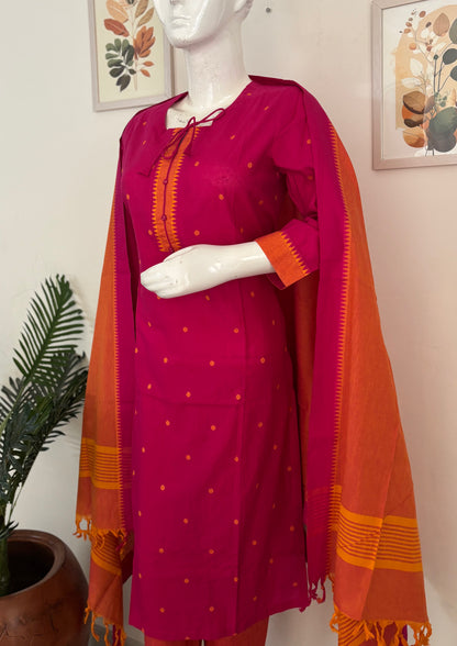 Fuchsia Pink Handloom Cotton Kurta Set