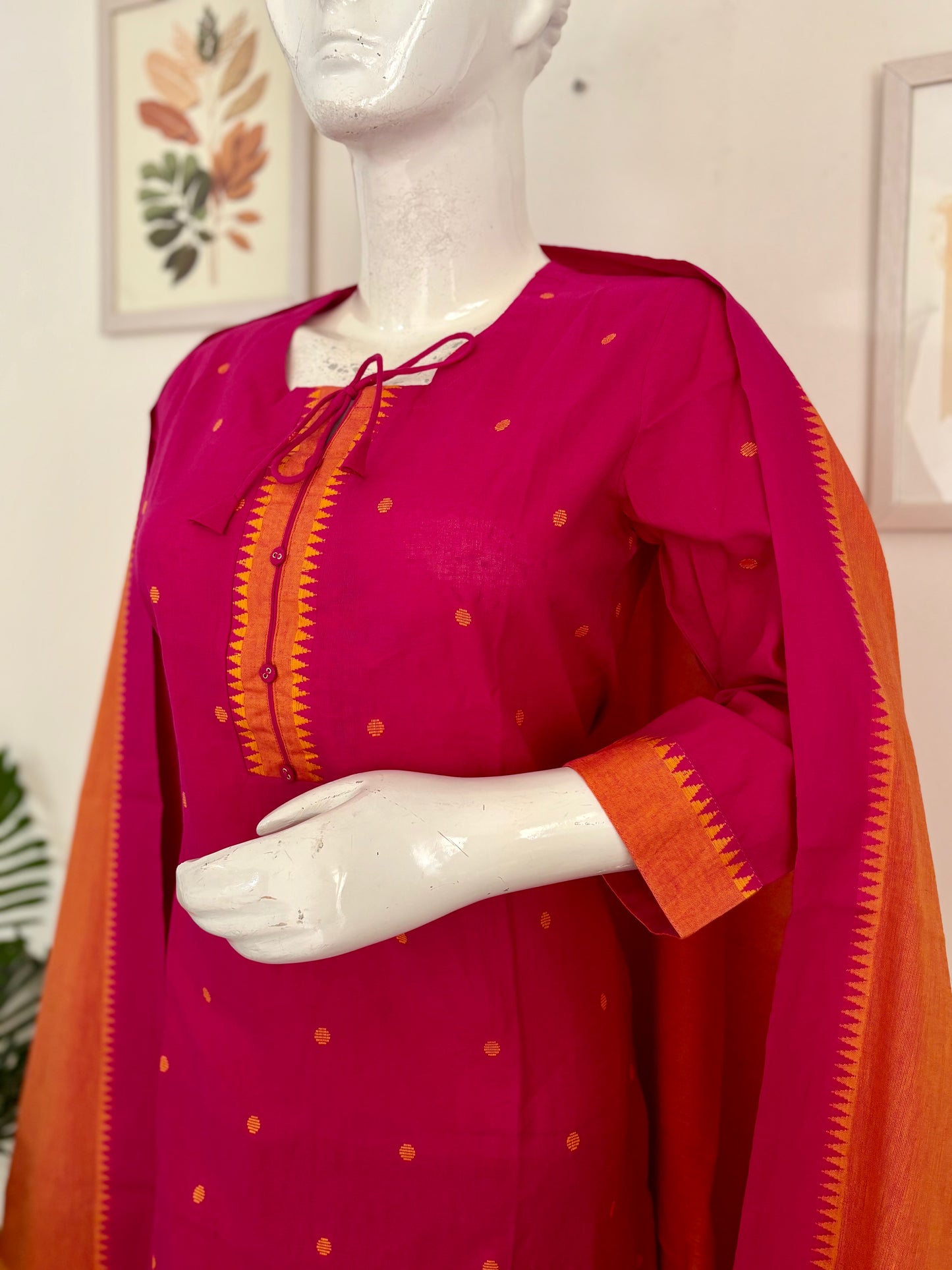 Fuchsia Pink Handloom Cotton Kurta Set
