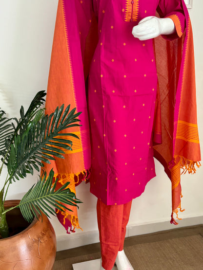 Fuchsia Pink Handloom Cotton Kurta Set