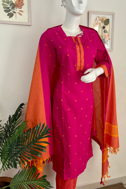 Fuchsia Pink Handloom Cotton Kurta Set