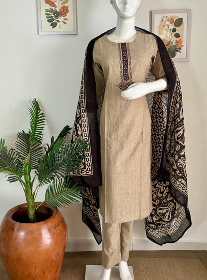 Light Brown Handloom Cotton Kurta Set with Ajrakh Accents