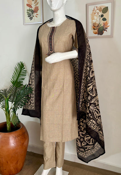 Light Brown Handloom Cotton Kurta Set with Ajrakh Accents