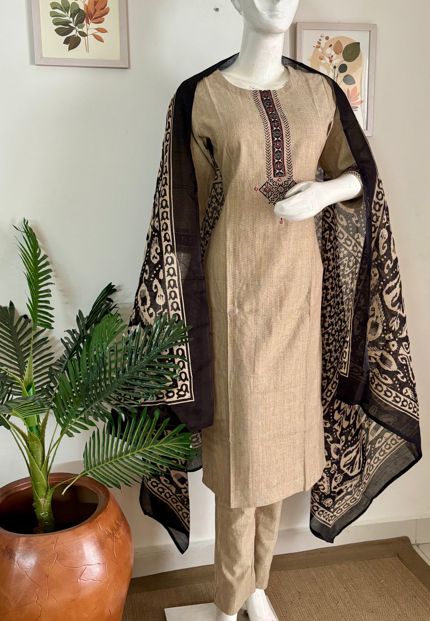 Light Brown Handloom Cotton Kurta Set with Ajrakh Accents