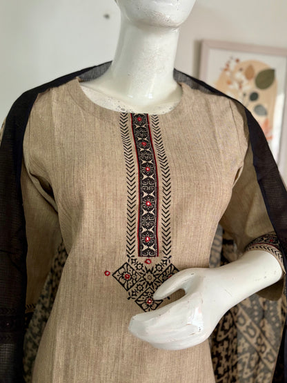 Light Brown Handloom Cotton Kurta Set with Ajrakh Accents