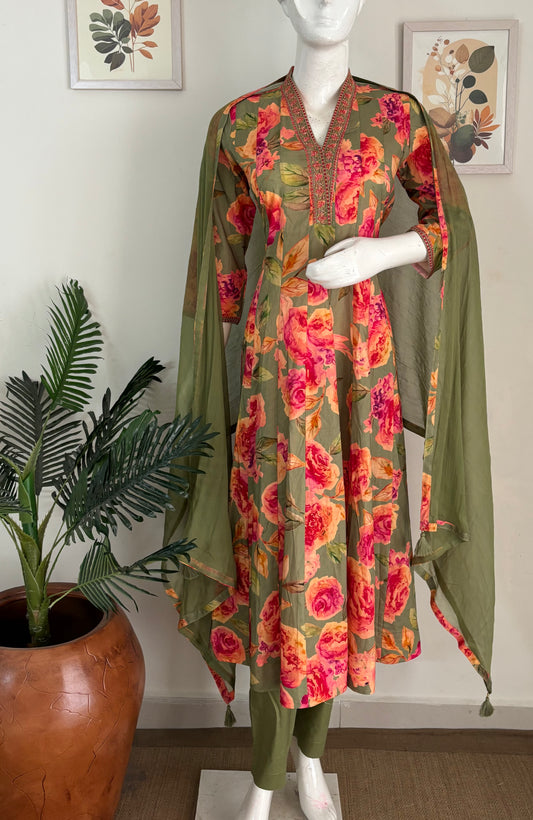 Green Floral Pure Cotton Anarkali Kurta Set