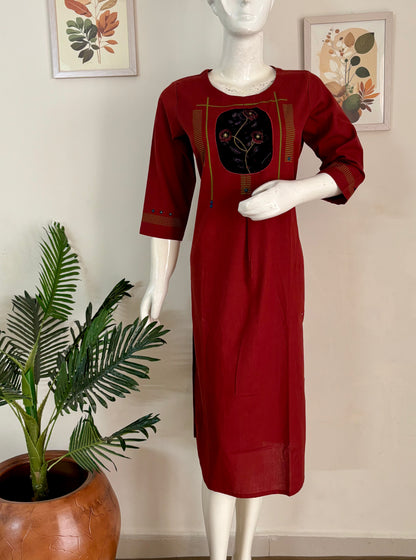 Rust Handloom Cotton Kurta with Handblock