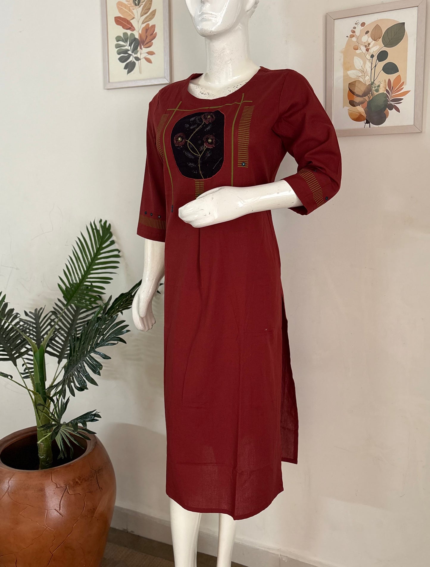 Rust Handloom Cotton Kurta with Handblock