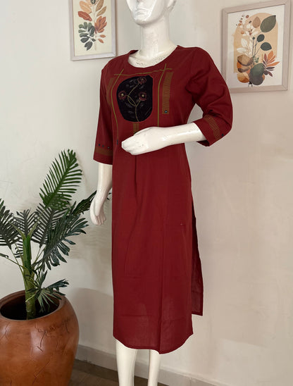 Rust Handloom Cotton Kurta with Handblock